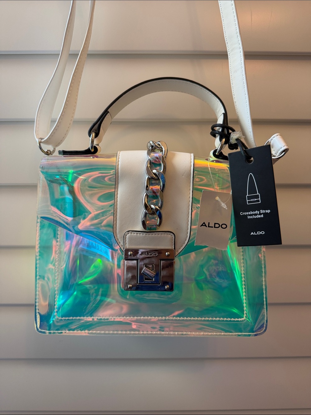 ALDO Iridescent Clear Crossbody with White Trim and Chain Detail NEW